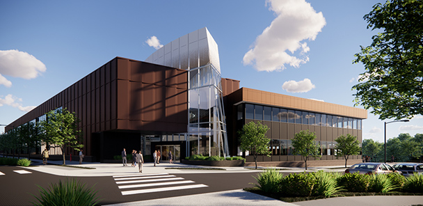 Rendering of a brick four-story building with a large white sculpture at the entrance.